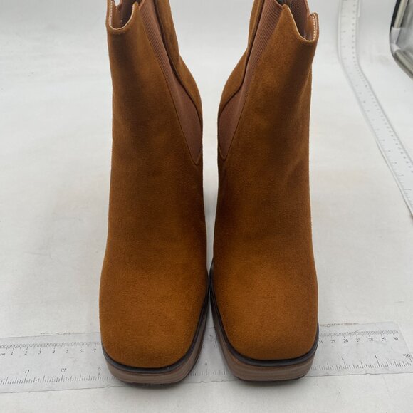 Brown Women Ankle Boots Square Toe High Chunky Heel Platform Short Booties - Picture 2 of 7